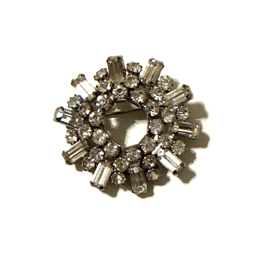 Vintage Crystal Rhinestone Baguette Cluster Brooch Round Statement Pin 2.5